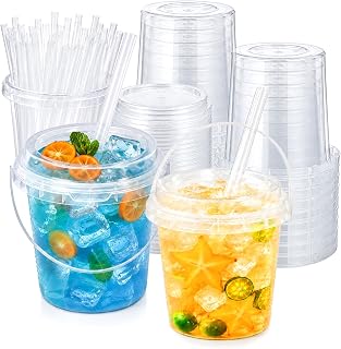 75 PCS Drink Buckets With Lids And Straws, 24 oz Clear Plastic Bucket Cups With Handles, Lemonade Buckets for Drinks, Fruit Tea, Juice, Smoothies, Pool Party, Birthday Party Supplies