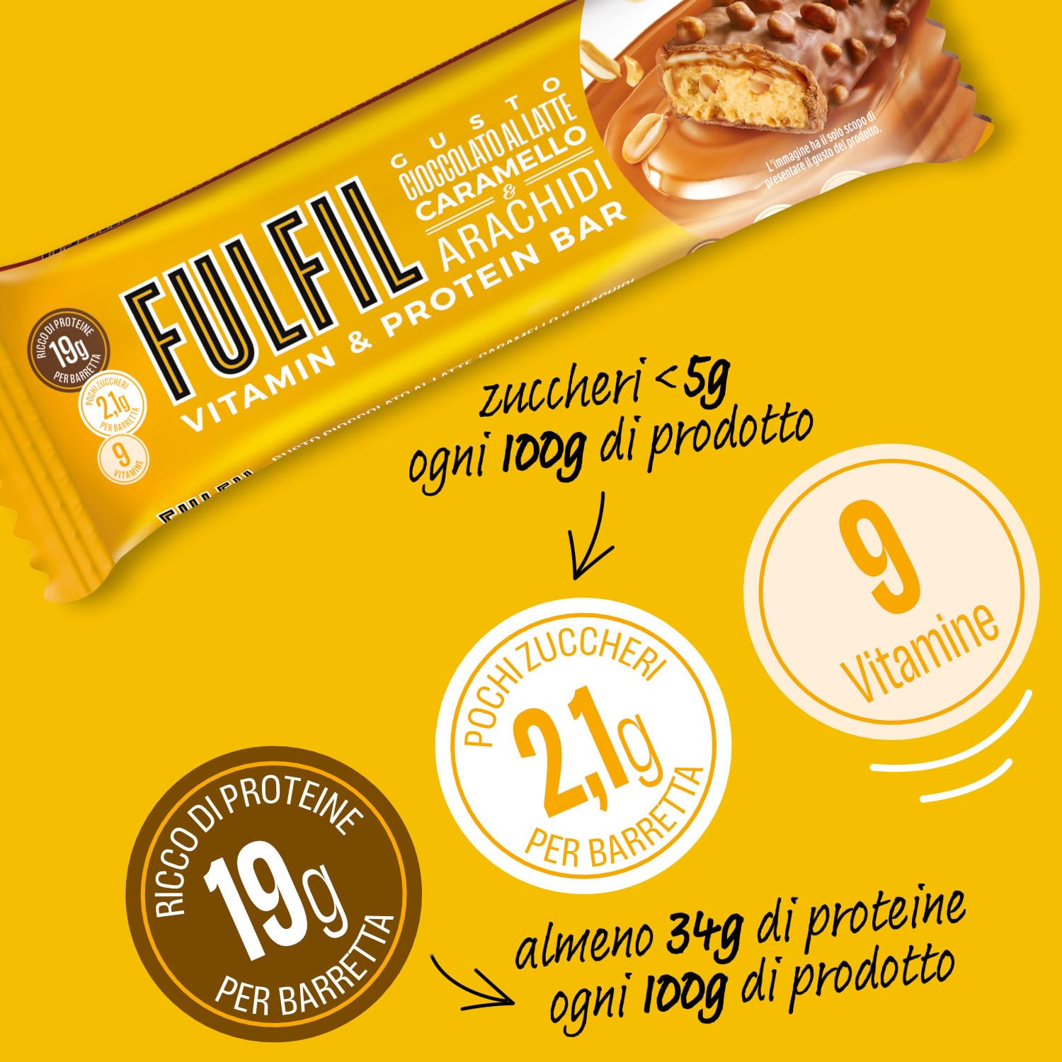 FULFIL - 15 Barrette Proteiche da 55 Grammi, Gusto Cioccolato Caramello e Arachidi con 9 Vitamine e Pochi Zuccheri, Confezione da 825 Grammi