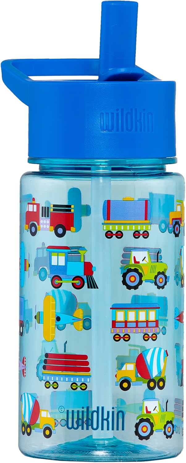 Wildkin Kids 16 Oz Water Bottle – BPA-Free Tritan, Leak-Proof Lid, Durable & Easy to Clean - Trains, Planes & Trucks