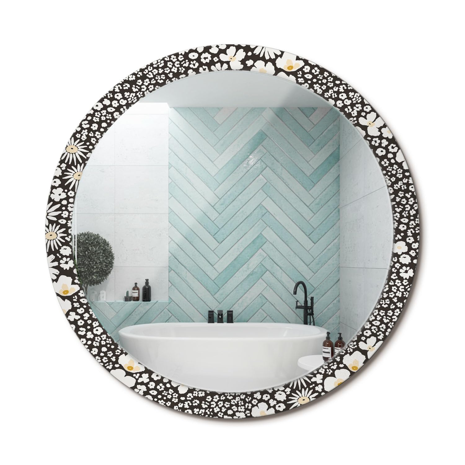 Miroir rond contemporain pour salon élégant et cadre imprimé marguerites