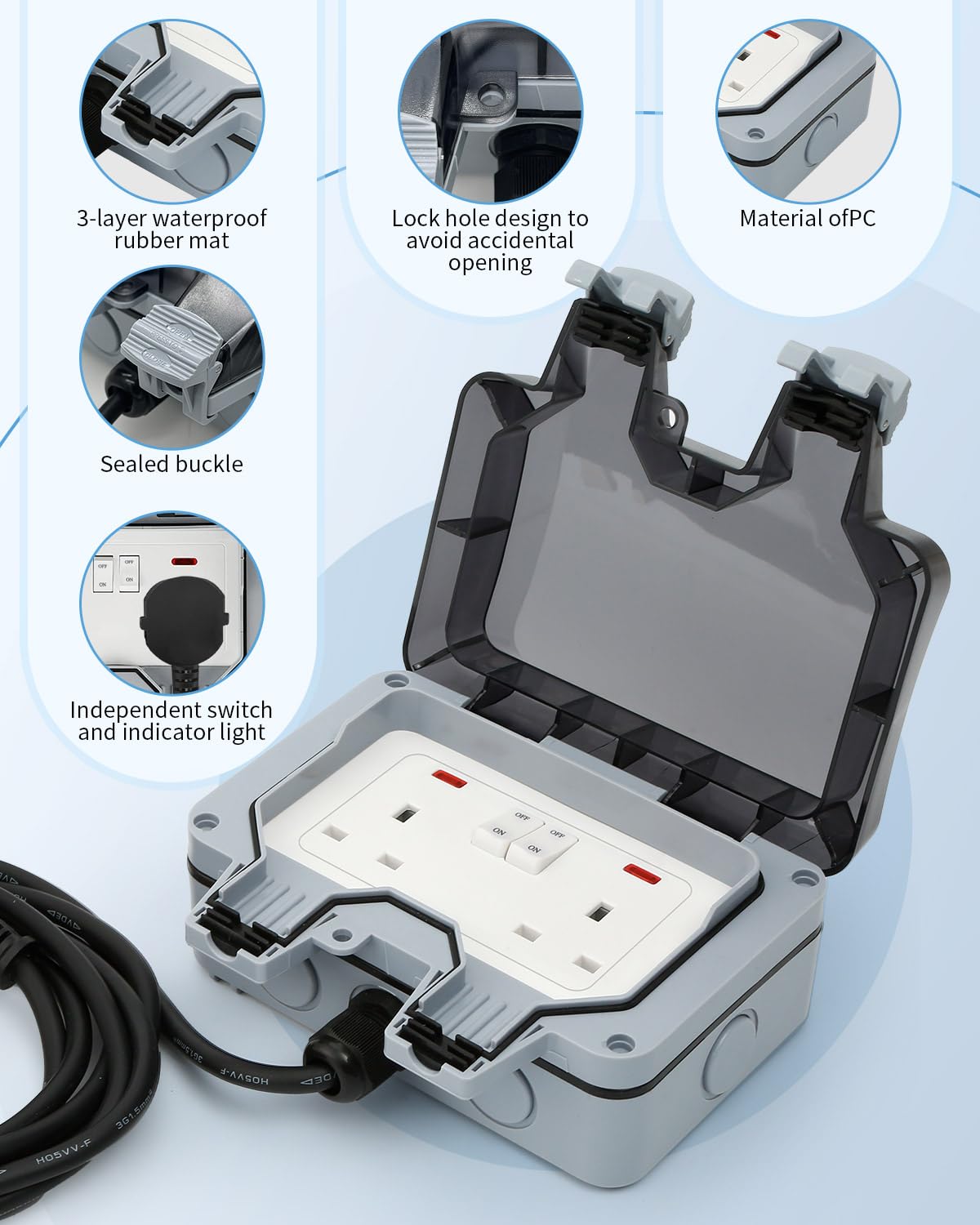 Outdoor Socket Waterproof, 10m Outdoor Plug Sockets, IP66 Waterproof Outside Sockets, Double Socket 10M Extension Lead - Image 3