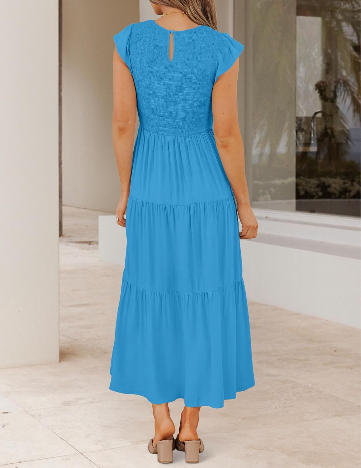 ZESICA Women's 2026 Summer Casual Flutter Short Sleeve Crew Neck Smocked Elastic Waist Tiered Midi Dress - Image 4