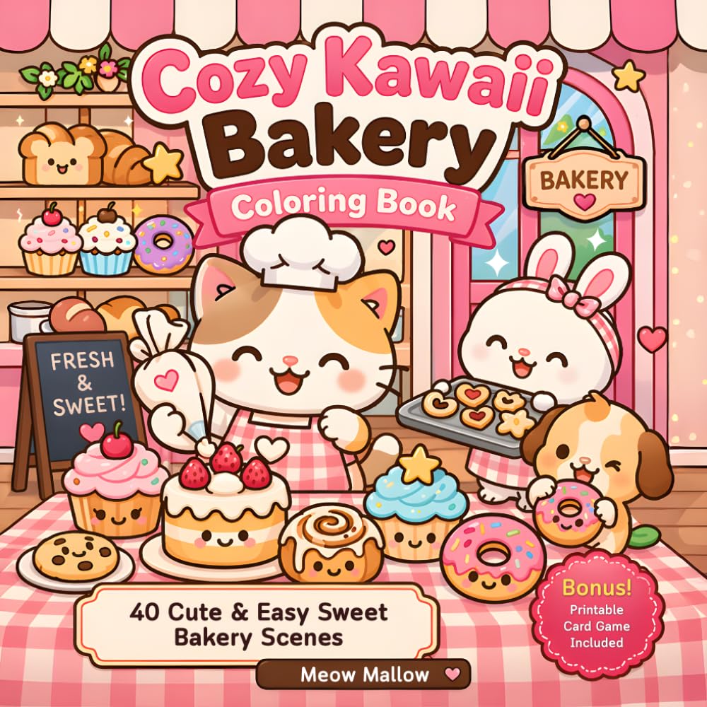 Cozy Kawaii Bakery: 40 Cute and Easy Coloring Pages of Cakes, Cupcakes, Bread, Cookies and Adorable Bakery Scenes for Teens & Kids