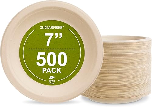 Harvest Pack - Platos redondos de papel compostables desechables de 7 pulgadas, sin PFAS, de fibra de azúcar, de alta resistencia, hecho de caña de