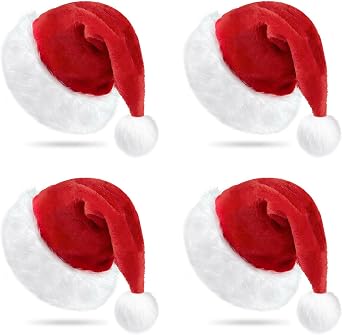 Deluxe 4 Pack Family Santa Hats - Premium Velvet Santa Hats for Adults - Ultra-Thick Plush Lining & Non-Itchy - Gorros De Navidad Perfect Holiday Party Favor & Gift