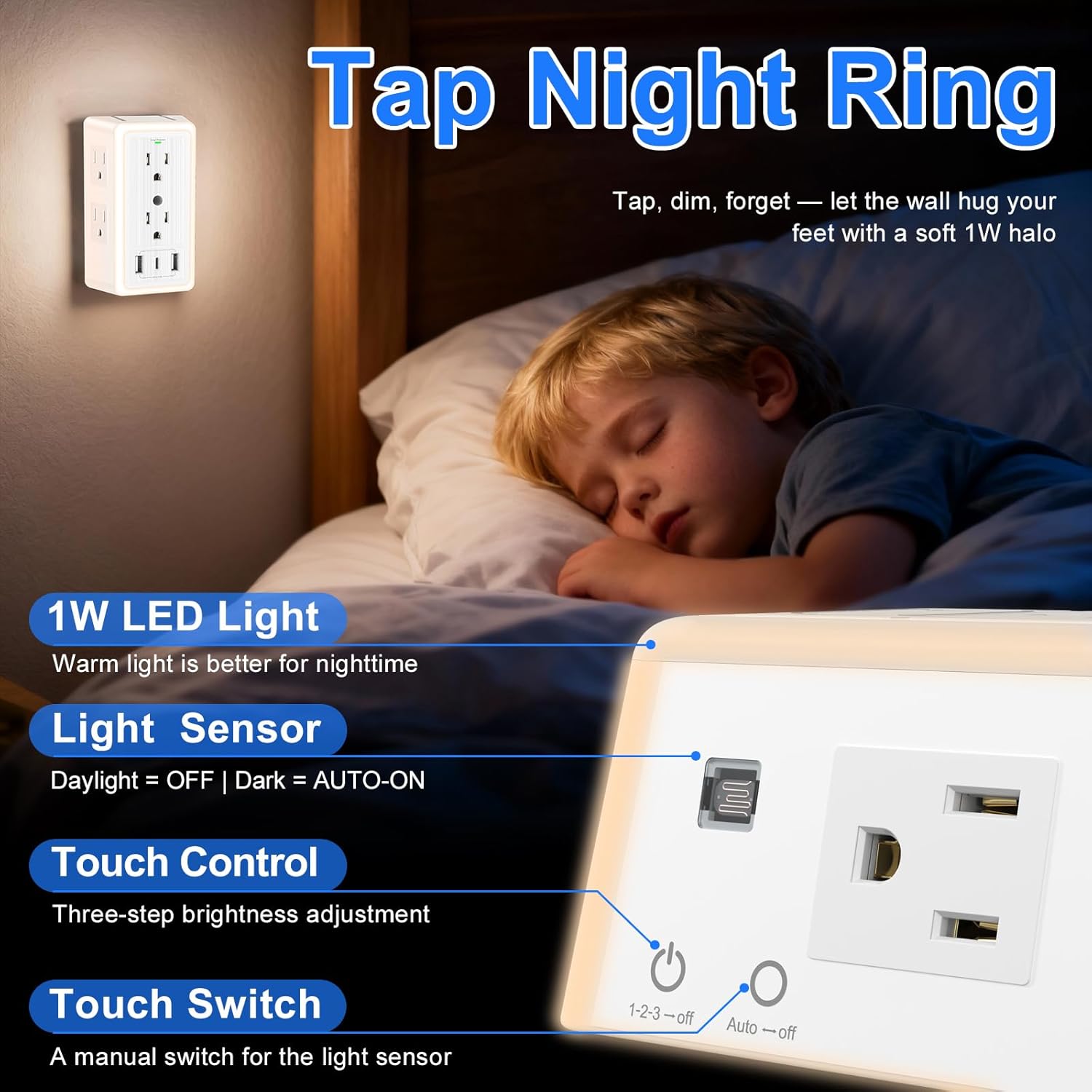 Wall Outlet Extender with USB Charging Ports 9 in 1 Plug Extension Block Multiple AC Outlets Splitter Power Hub Wall Tap 1500J Surge Protection Night Light Dusk to Dawn Sensor Switch ETL Listed