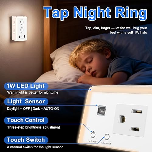 Miniatura 5 de Extensor de toma de pared con puertos de carga USB, bloque de extensión de enchufe 9 en 1, múltiples salidas de CA, divisor de concentrador de