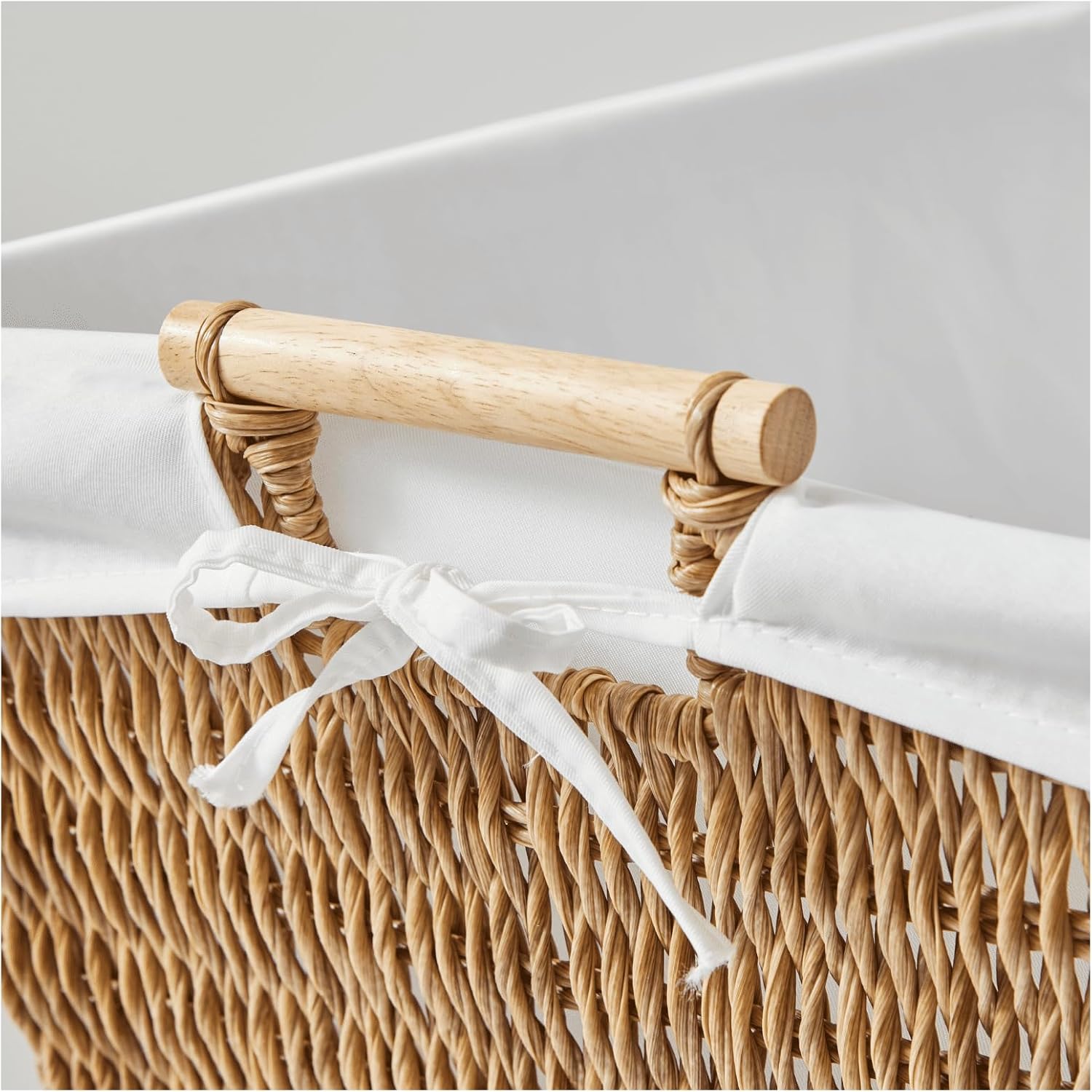 Laundry Hamper with Removable Liner, Resin Rattan Storage Basket with Wood Handles