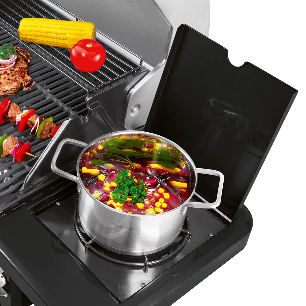 ProfiCook PC-GG 1219 - Barbacoa de gas, 3 quemadores de acero inoxidable + fogones adicionales (3 + 1), superficie de parrilla de 66 x 38 cm, 4 ruedas (2 de ellas con bloqueo), color negro
