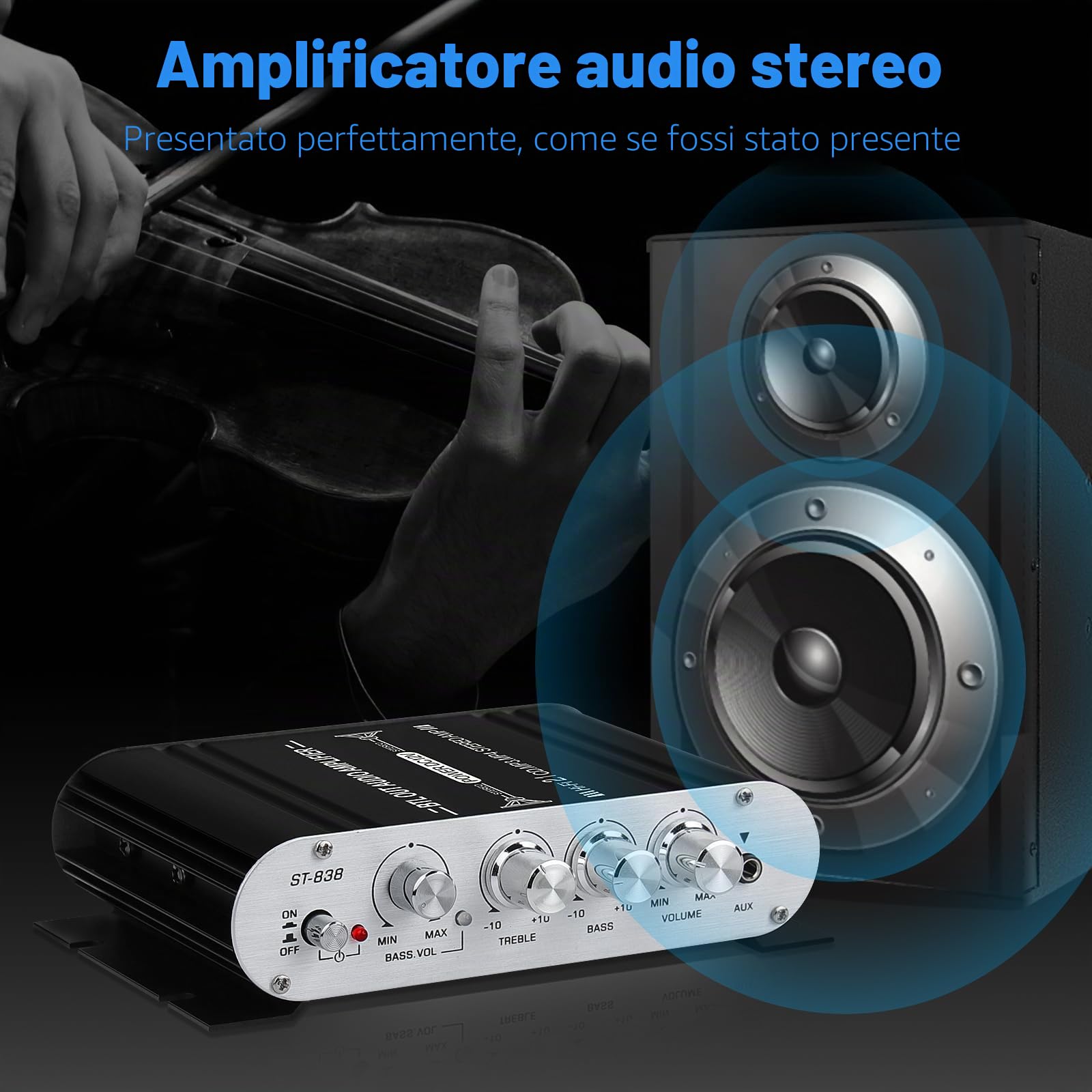 Amplificatore audio HiFi, amplificatore stereo 2.1 CH, RMS 20 Wx2+40 W ST-838 con uscita subwoofer, classe D mini amplificatore digitale con AUX per casa, altoparlante auto, nero (con adattatore di