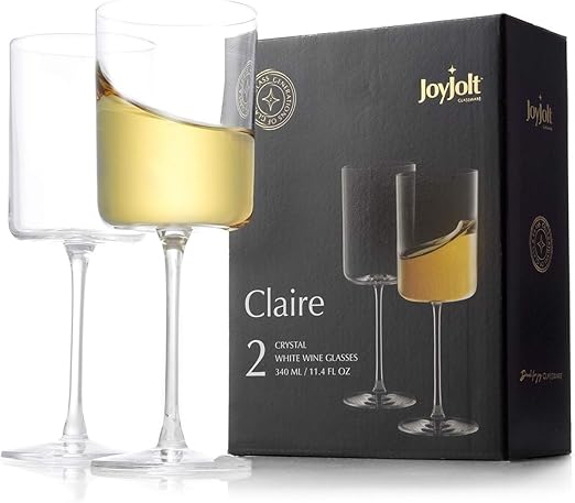 JoyJolt Claire 11.4oz White Wine Glass Set of 2, Elegant Crystal Stemware Stemmed Wine Glasses Made in Europe, Unique and Modern Glasses with Stem