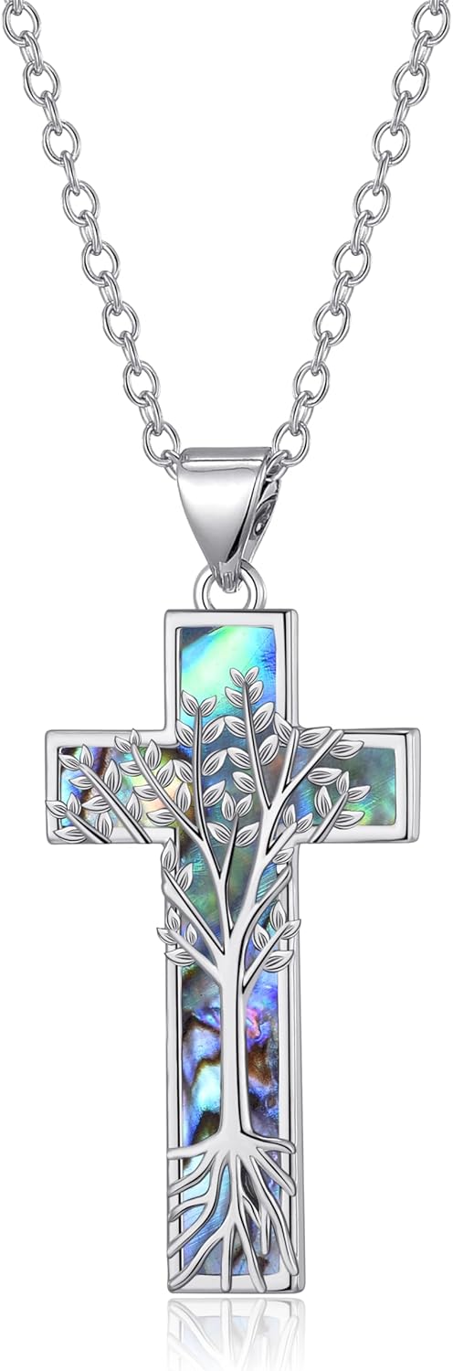 Cross Necklace Tree of Life Cross Necklace with Abalone Shell Religious Jewelry Christmas Gifts for Women Mother Daughter Family