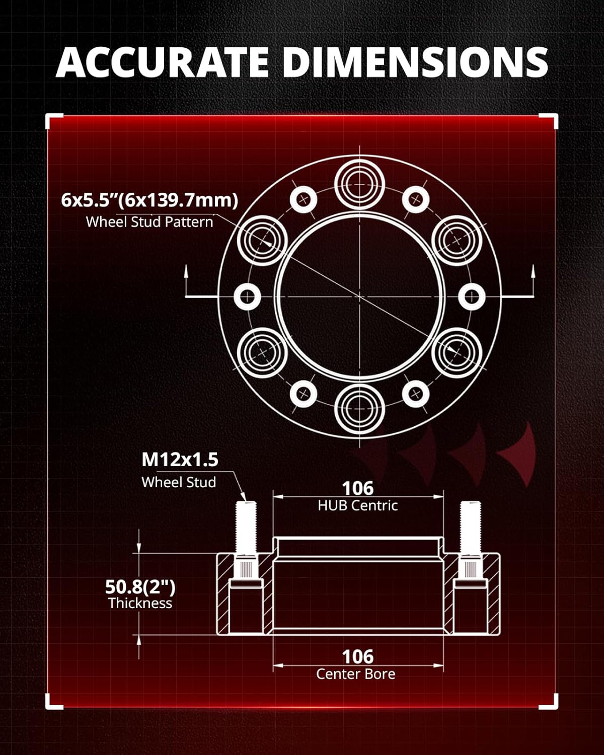 EVIL ENERGY 6x5.5 Hubcentric Wheel Spacers 2 inch for 2002-2023 Tacoma 1996-2022 4Runner, 6x139.7mm Wheel Spacer with M12x1.5 Studs 106 mm Bore for Tundra FJ Cruiser Sequoia GX460 GX470
