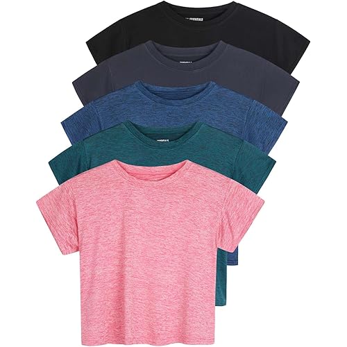 Real Essentials 5 Pack: Women's Dry Fit Crop Top - Short Sleeve Crew Neck Stretch Athletic Tee (Available in Plus Size)