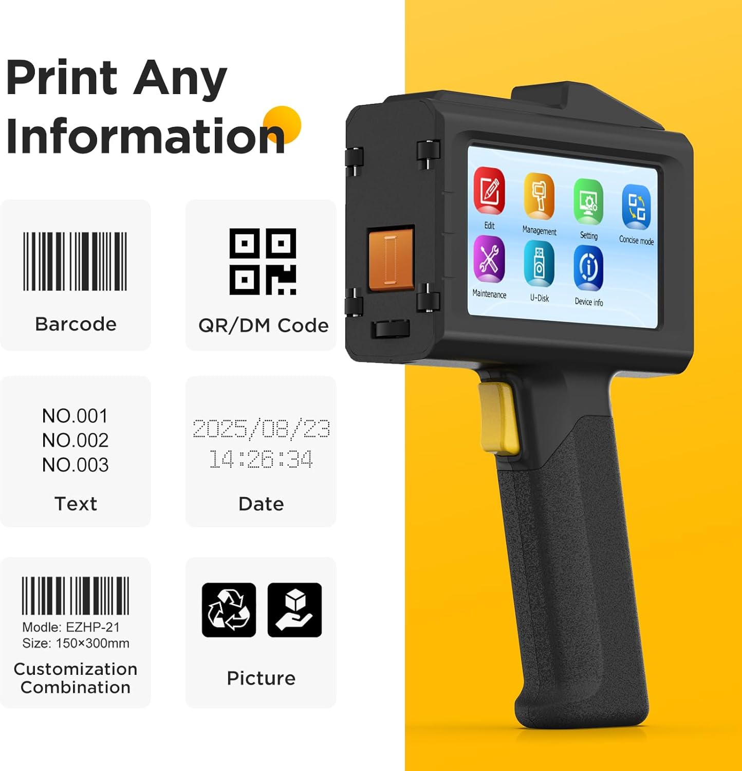 Handheld Inkjet Printer 0.5 Inches Print Height Weighs Only 390g for Batch Code Date Lot Number Print on Plastic Carton Wood Metal Glass Aluminum with 42ml Fast Dry Ink (Black)