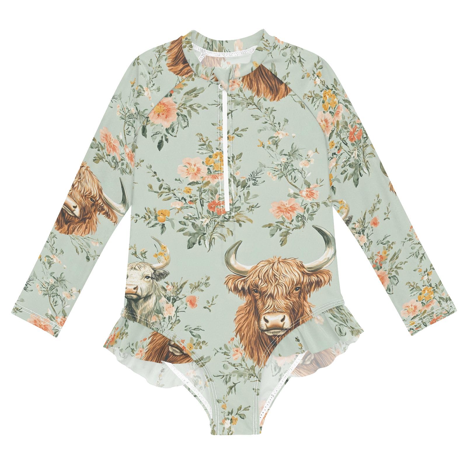ALAZA Swimsuit for Girls Long Sleeve Rashguard Bathing Suit Buffalo Cows Flower Quick Dry 4T
