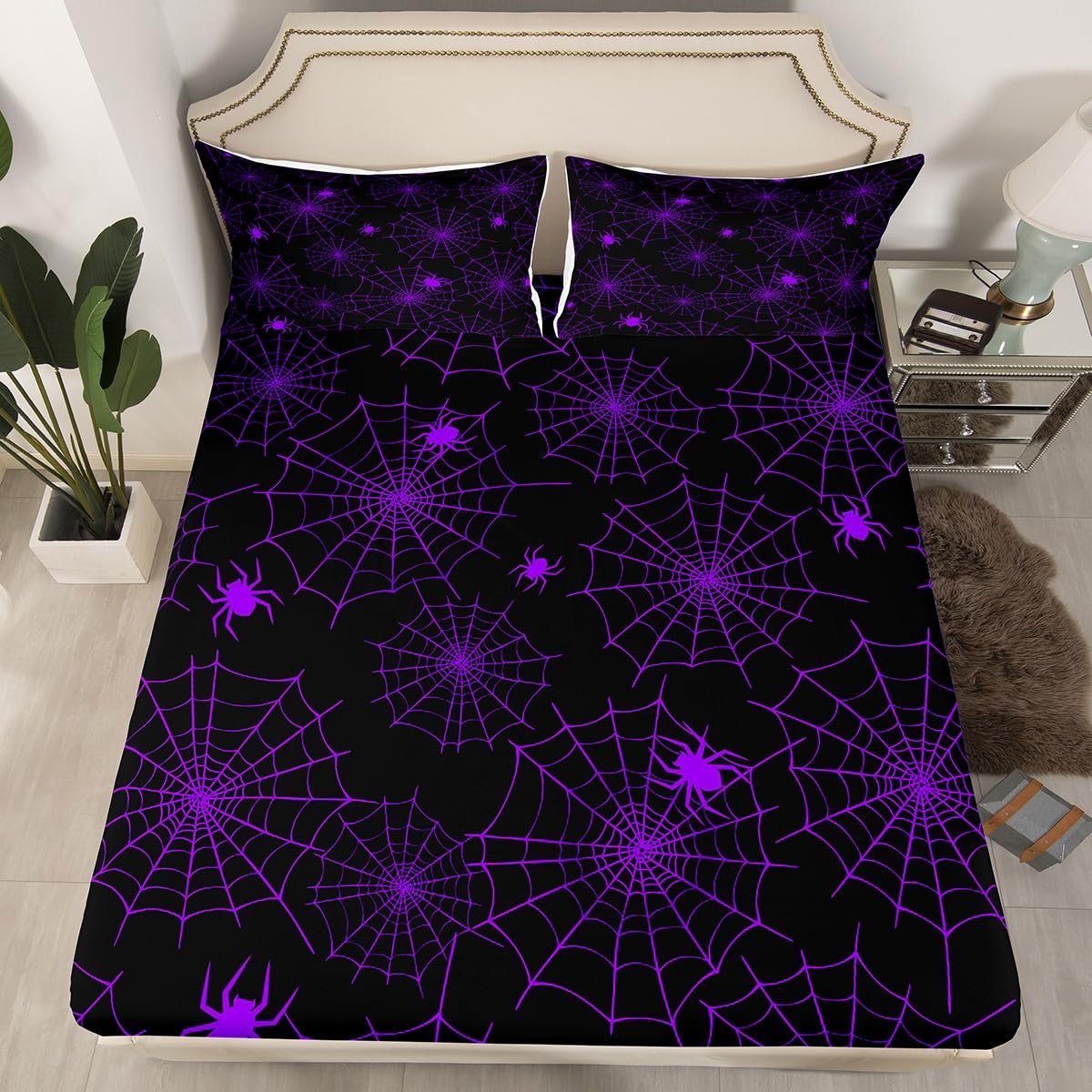 Halloween Spider Black Purple Fitted Sheet,Full Size Abstract Spiders Web Collections,Spider Web Bedding Deep Pocket for Children Teens Young with 2 Pillowcases(No Flat Sheet)