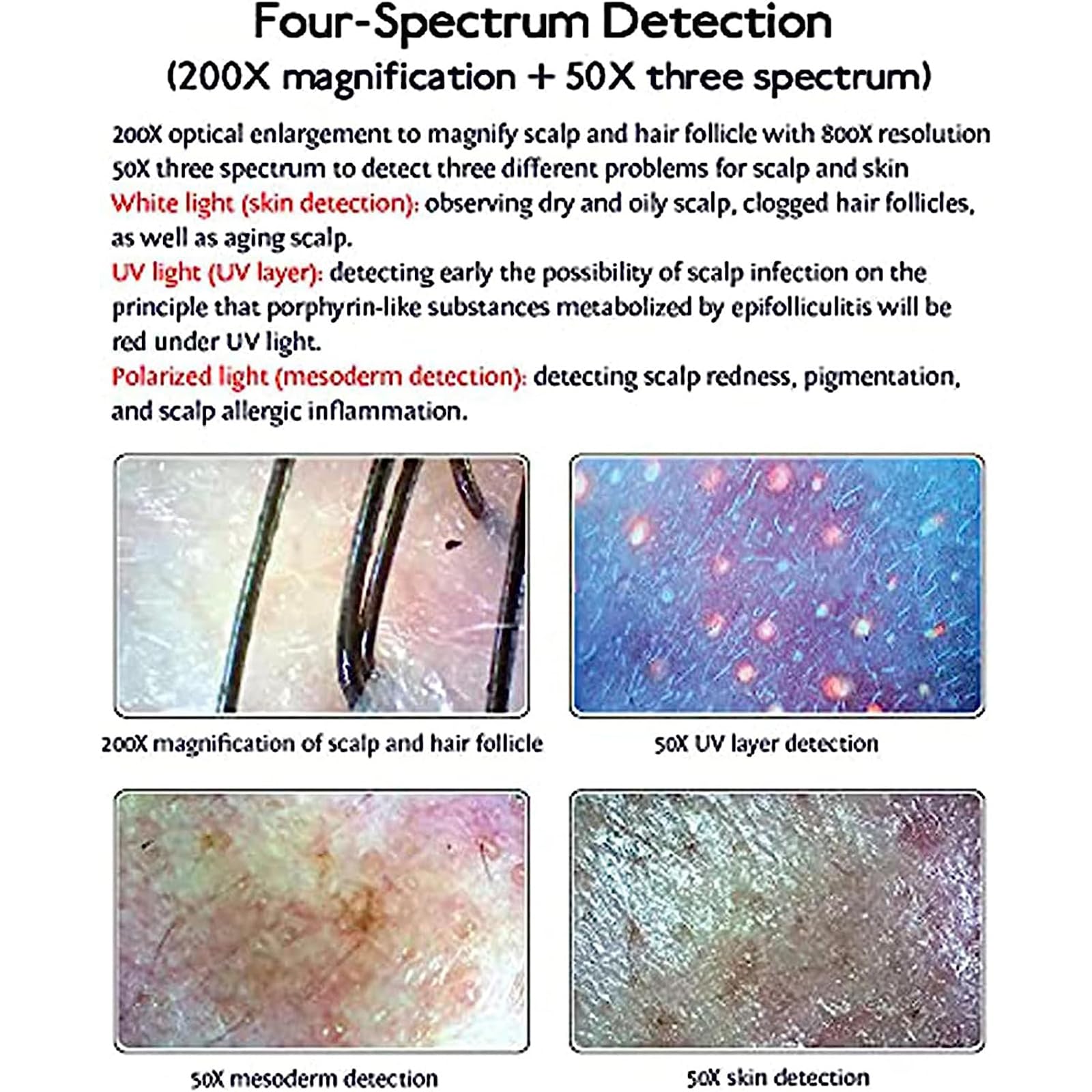 Détecteur de cuir chevelu, écran LCD HD 11 pouces, analyseur d'humidité de l'huile de la peau du visage, 4 sondes à spectre double/stockage de photos/4 grilles de contraste, pour salons de beauté, s