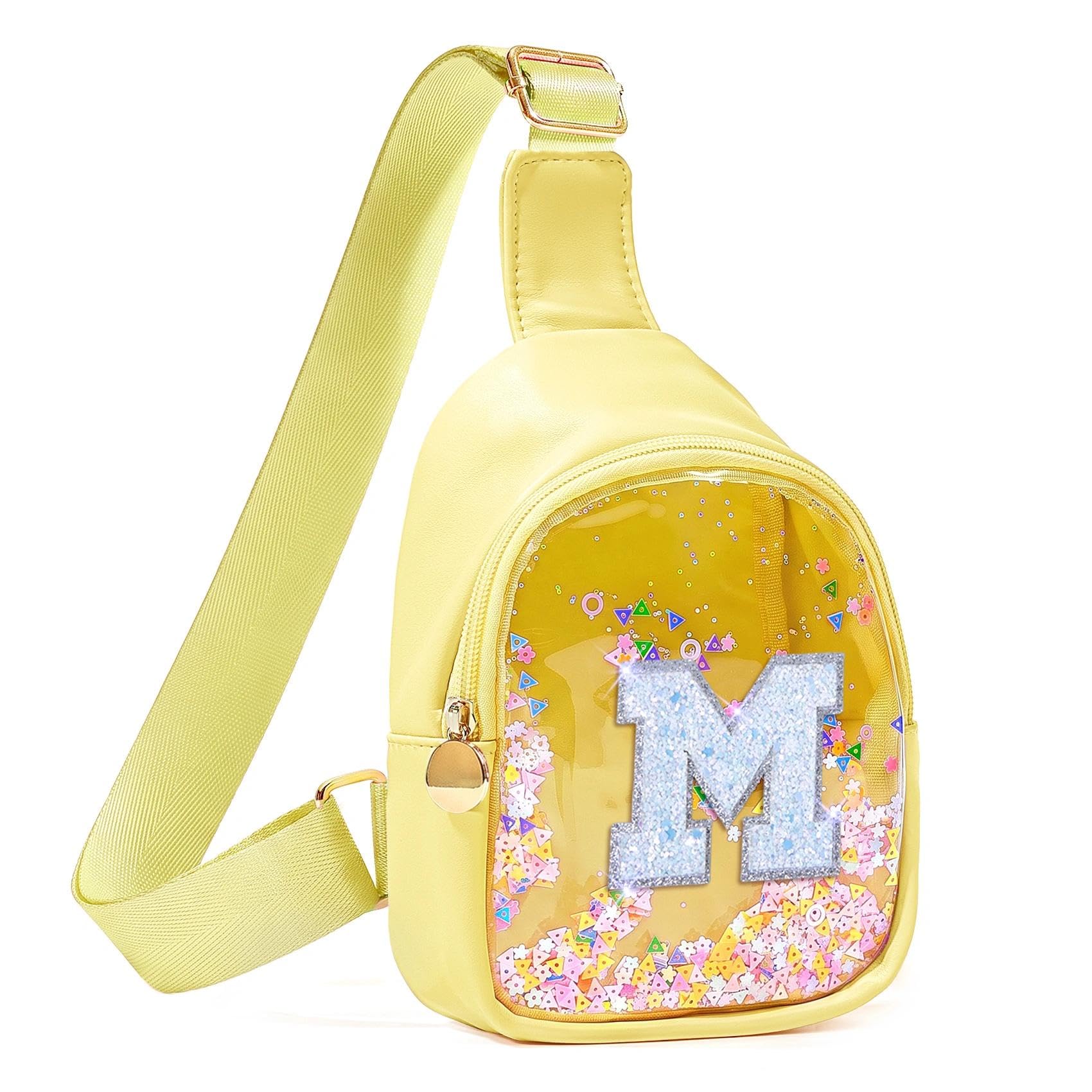 COSHAYSOO Personalized Christmas Birthday Gifts Burr Basket Stuffers for Girls Yellow Purse Sling Bag Crossbody Girl Cute Funny Cool Mini Travel Fashion Accessories Monogrammed Initial Letter M