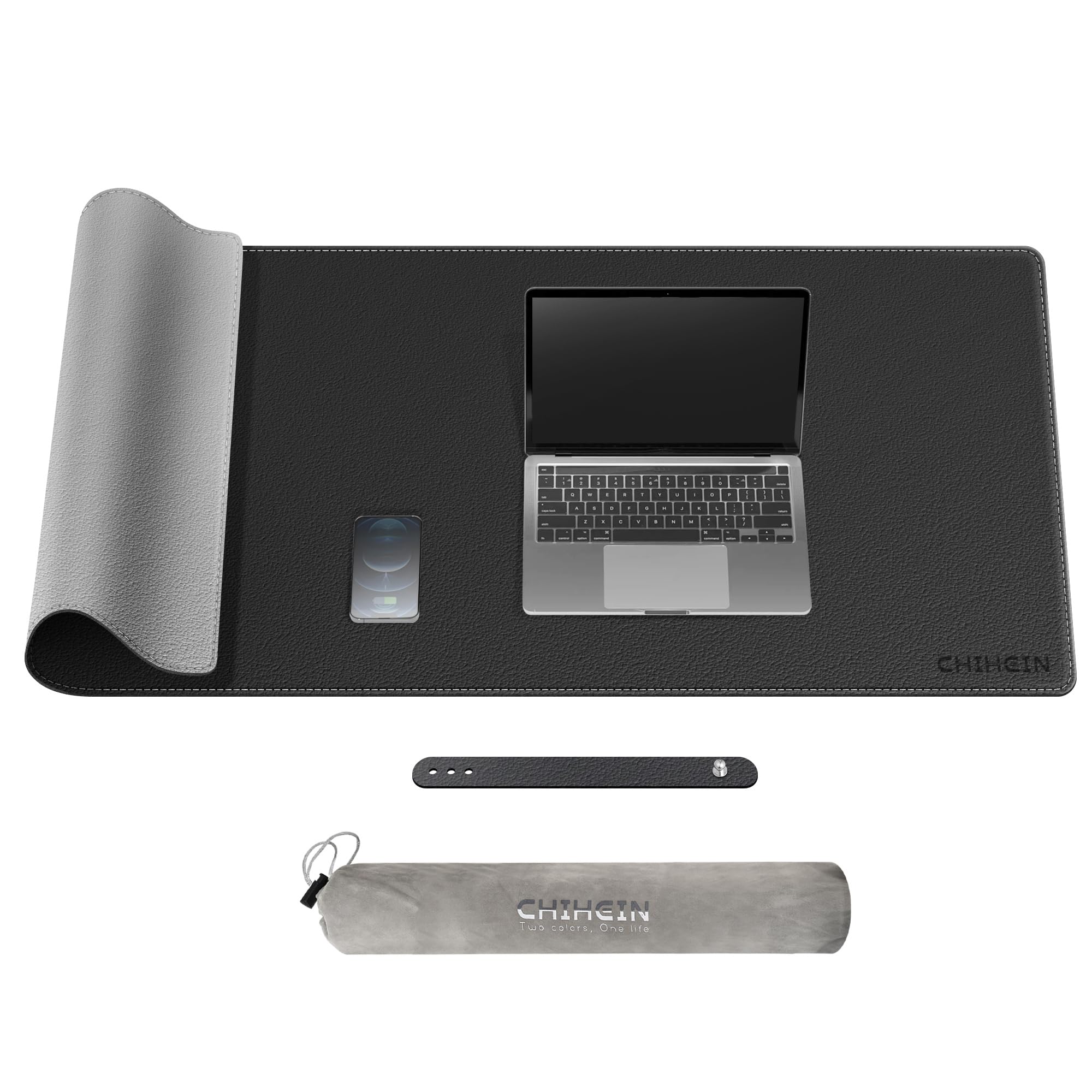 Chihein 47" x 20" 3XL PU Leather Desk Mat (Black/Gray), Dual Sided Desk Pad, Waterproof Computer Desk Bottle for Gaming, Office, Home