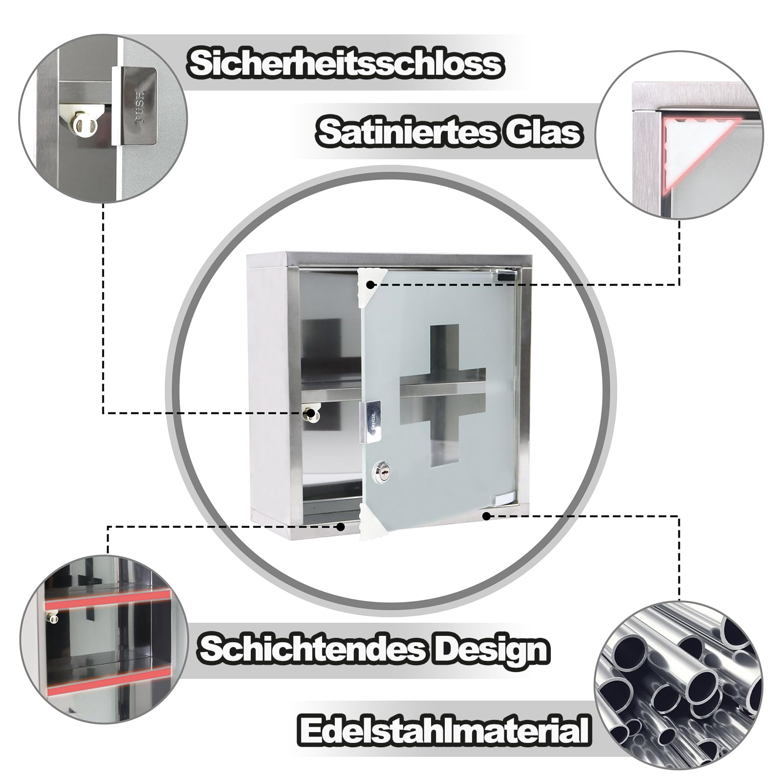 Aufun Medizinschrank aus Edelstahl, abschließbarer Arzneischrank Hausapotheke mit Glas Tür, Erste Hilfe Schrank, 2 Fächer für zu Hause, Silber, 30x30x12cm