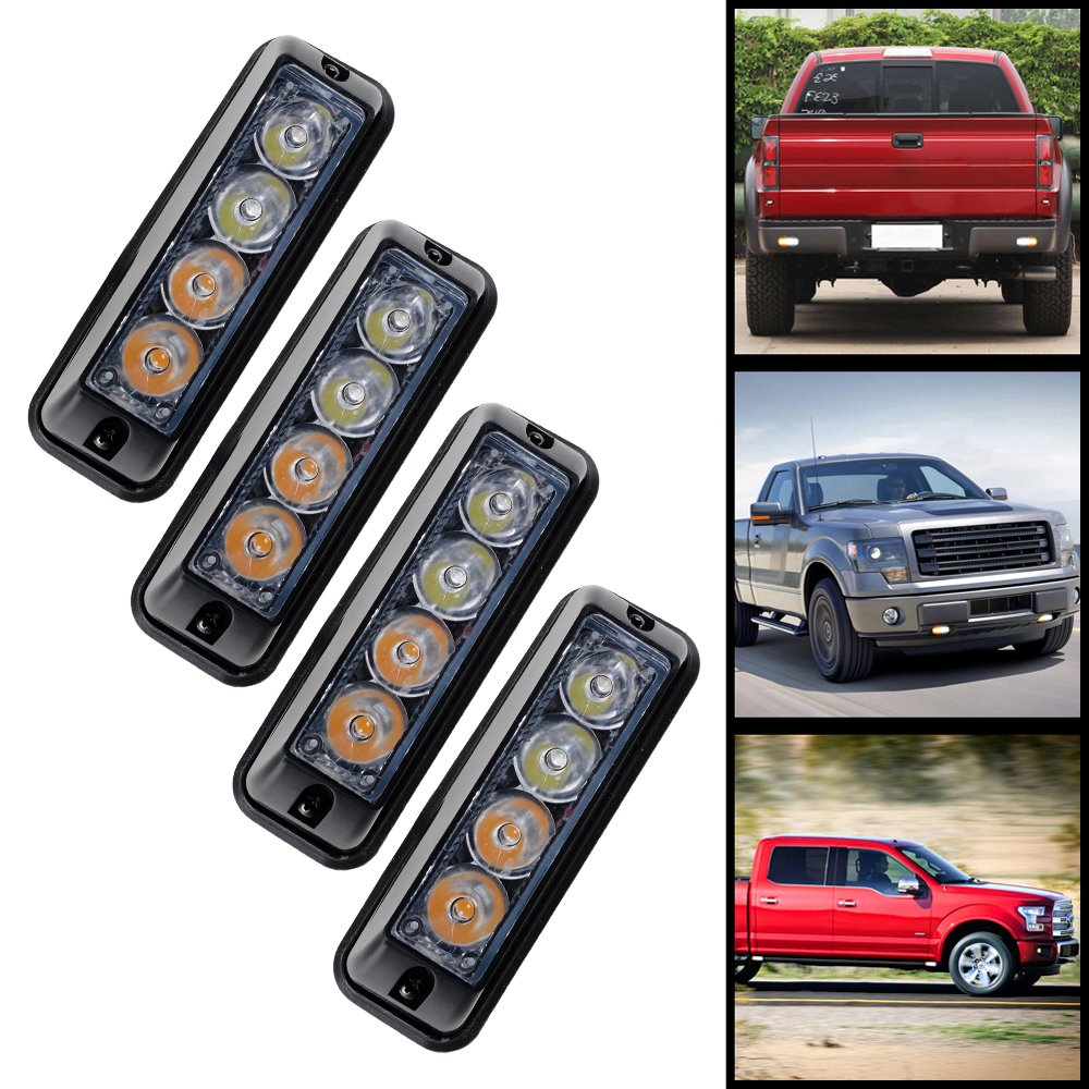 Anzio 4pcs Universal 4-LED Amber/White 16-Flashing Modes Car Truck Warning Caution Emergency Construction Strobe Flash Light