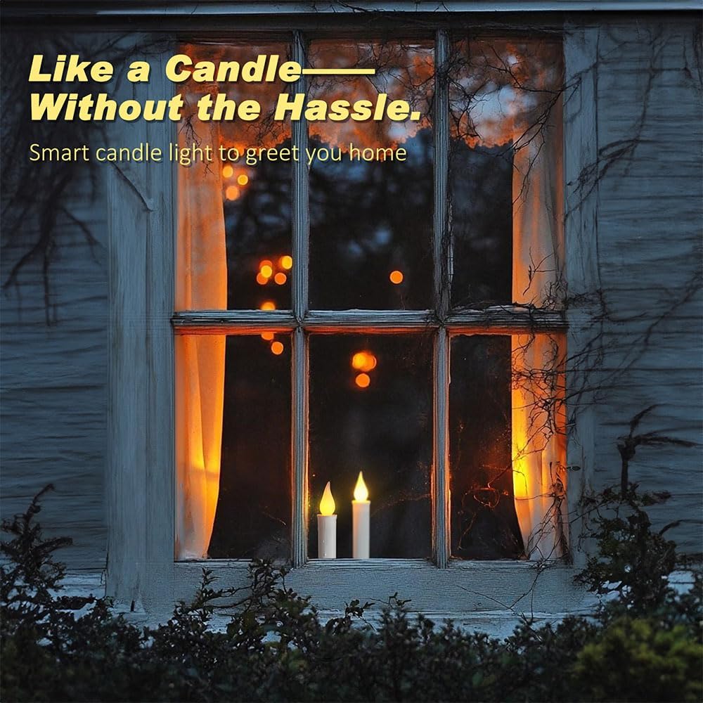 FPOO Window Candles with Dusk to Dawn Light Sensor, Battery Operated Candlesticks Long-Lasting 20+ Days, Flameless Taper Candles Flickering with Black Holders for Christmas Windows (4 Pack, 9 inch)