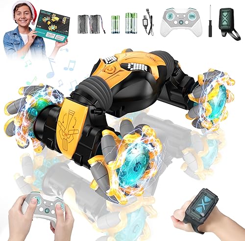 Auto de acrobacias RC con detección de gestos con luz y música, auto de control remoto de giro 112, giratorio de 360, 4WD 2.4GHz, control manual,