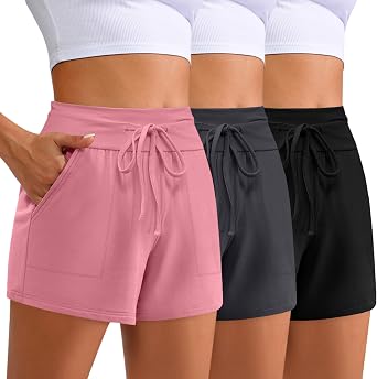 Locoowai 3 Pack Womens Drawstring Sweat Casual Summer Workout Athletic Gym Lounge Shorts with Pockets