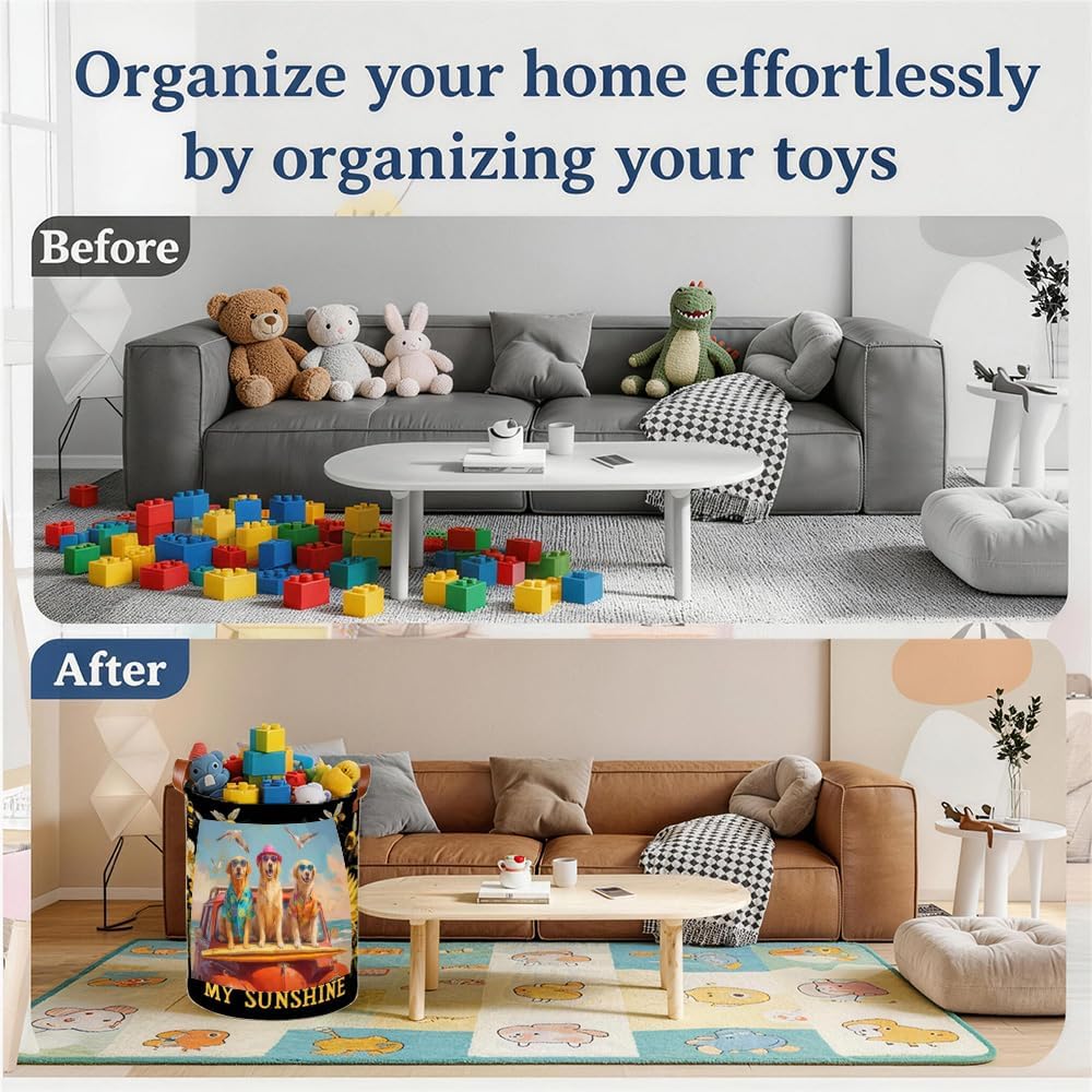 Laundry Basket Funny Dogs Beach Surf Car Illustration 15.75 x 15.75 x 19.7 Inch Cloth Laundry Baskets Decorative Storage Hamper for Bedroom Dorm Kids Room Summer Home Decor