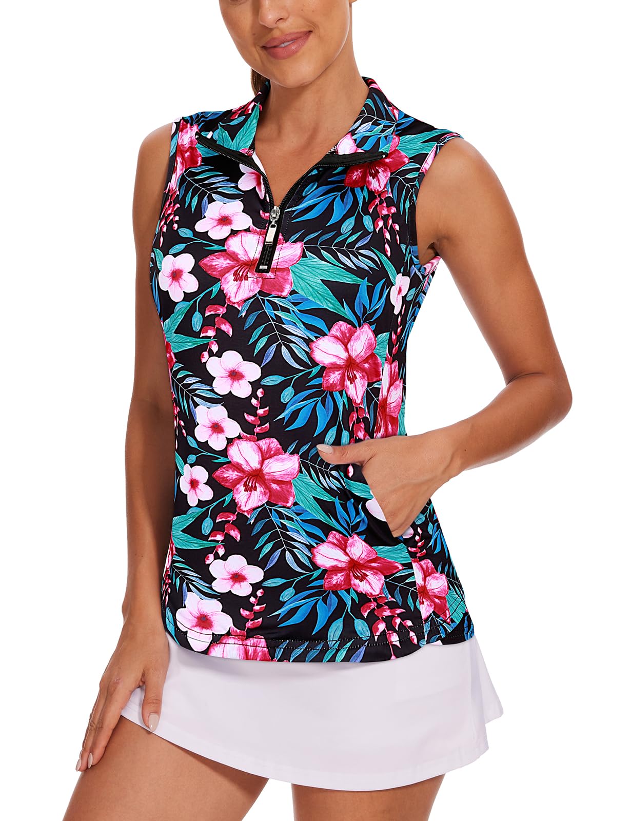 Tanst Sky Womens Sleeveless Golf Shirt Zip Up Workout Tops with Pockets