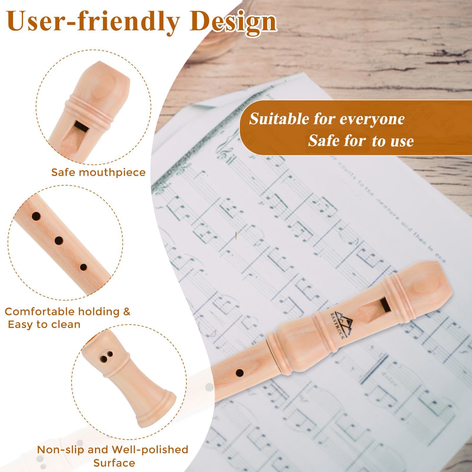 Eastrock Sopran-Blockflöte, barocke Griffweise, C-Taste, Anfänger-Blockflöte, Instrument für Erwachsene, 3-teilige Blockflöte mit Hartschalenkoffer (Ahornholz)