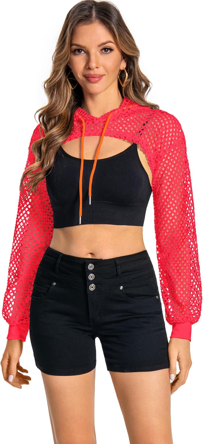 Women Mesh Crop Top Hoodie Fishnet See Through Long Sleeve Shirt Sheer Blouse for Club Party - Image 7