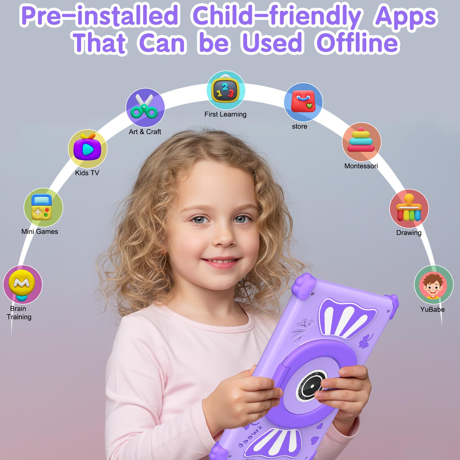 ascrecem Tablet Bambini 7 Pollici Android 15 Tablet per Bambini con 2.4G+5G WiFi6 Penta Core 6GB RAM 32GB ROM Tablets Bambina Doppia Fotocamera 128GB Espandibile Controllo Parentale (Viola)