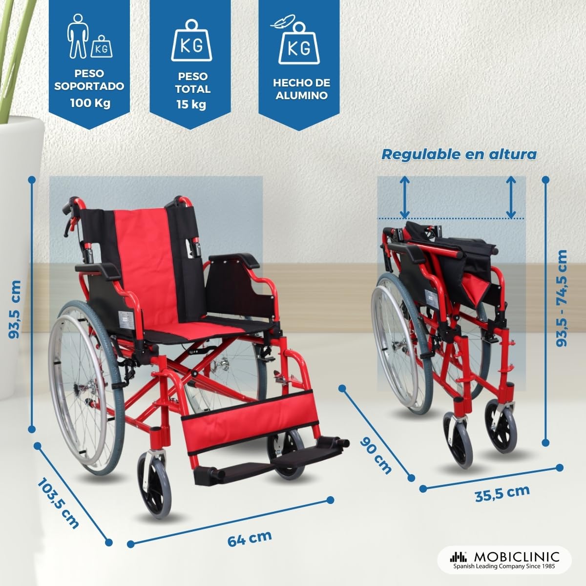 Mobiclinic®, Silla de ruedas plegable, Aluminio, Doble sistema frenado, Reposapiés abatibles y extraíbles, Reposabrazos, Respaldo partido, Asiento 44 cm, Ultraligera