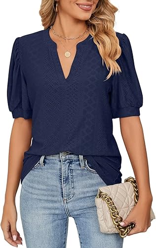 WELINCO Camisetas casuales de verano con cuello en V para mujer, blusas tipo túnica de manga corta abombada