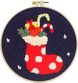 Zhenqing Festive Christmas Stocking Punch Needle Embroidery Kit | 29x29cm Holiday Design with Hoop & Tools | DIY Cozy Craft for Home Decor & GiftingZ95022C
