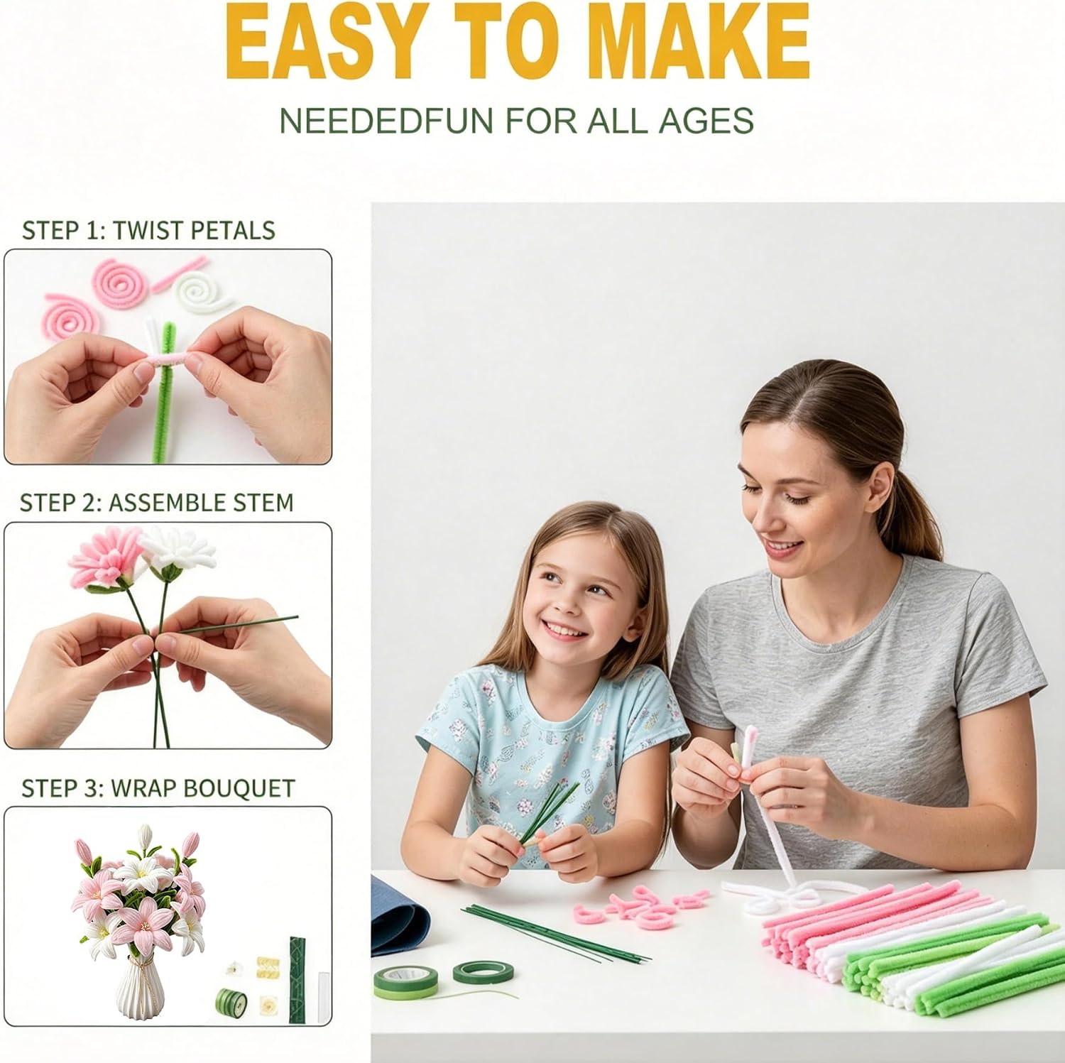 spicssa Pipe Cleaners Craft Bulk, Pink Pipe Cleaner Flower Kit, Glue-Free & Safe for Kids, with Video Tutorials, for Wedding, Birthday, Home Decor, Classroom Crafts
