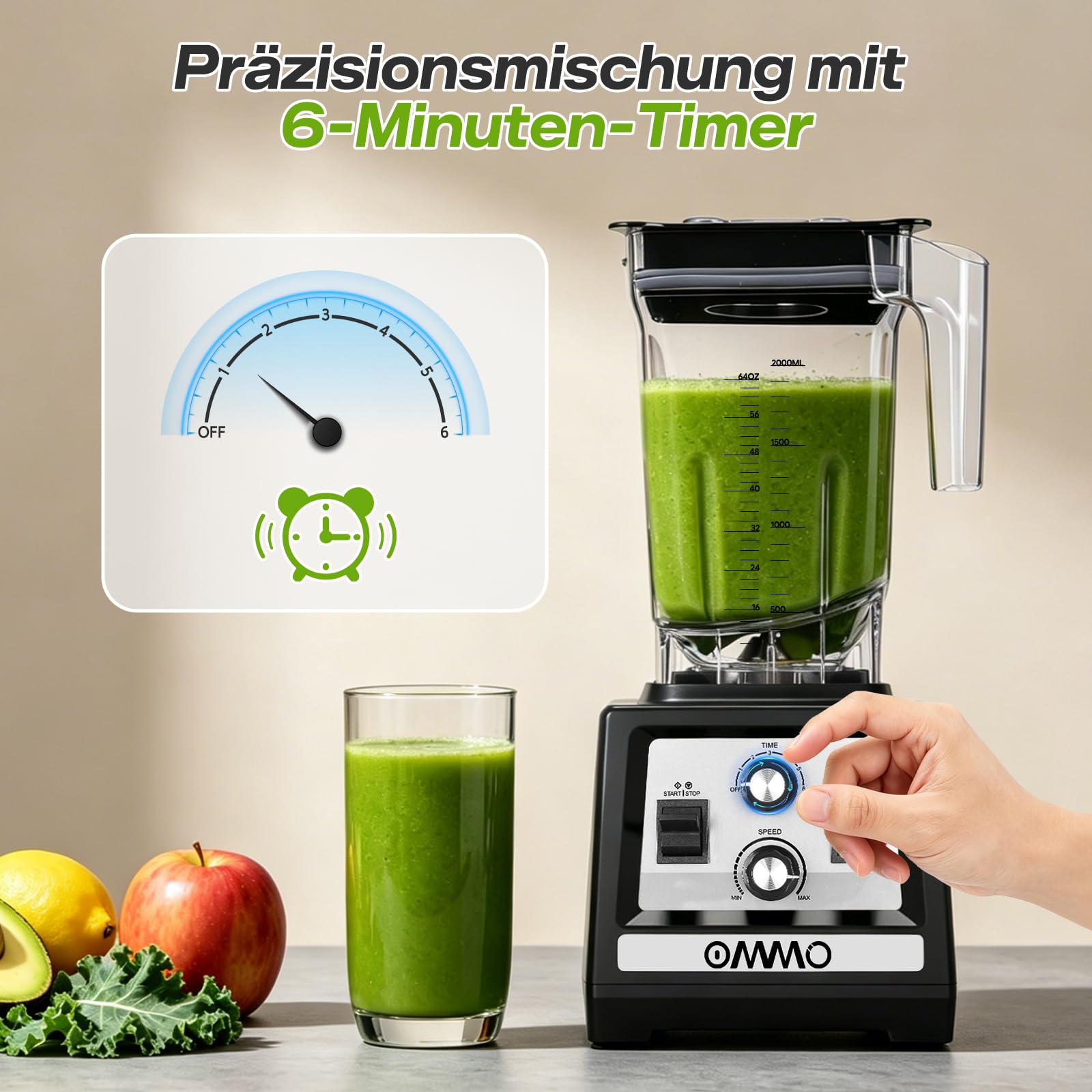 OMMO 2L Standmixer Hochleistungsmixer, Mixer Smoothie Maker Max 1800W | für Eisbrechen, Milkshakes, Gefriergetränke, Timer und Geschwindigkeitssteuerung, 6 Verbesserte Edelstahlklingen, BPA Frei