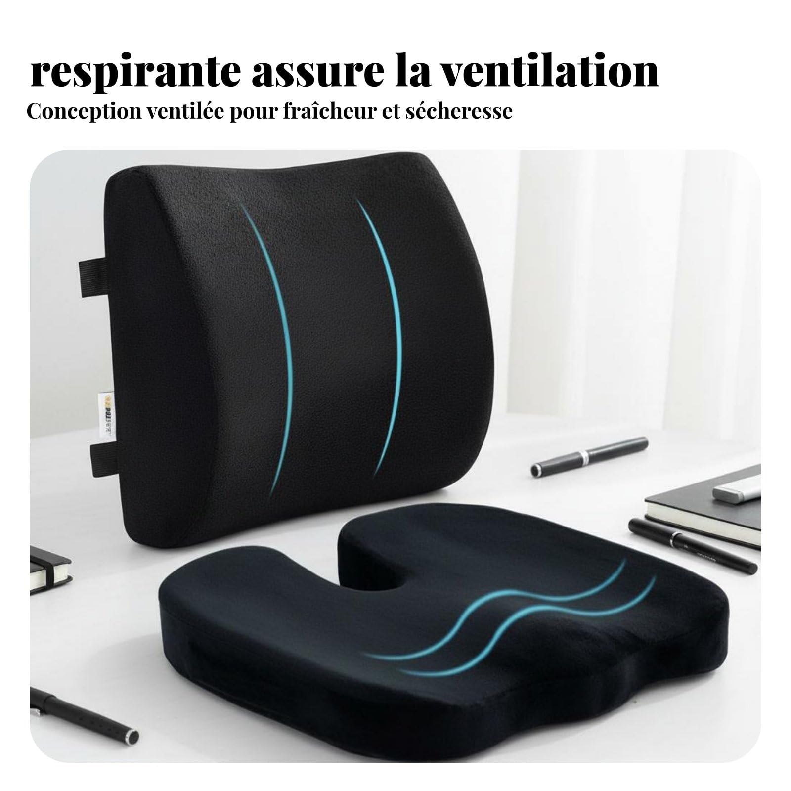Cojín Ergonómico Asiento con Almohada de Espalda Cojín Soporte Lumbar Cojín Asiento Que Mantiene la Forma Tela de Malla Transpirable Apto para Silla, Gris, Juego+Malla