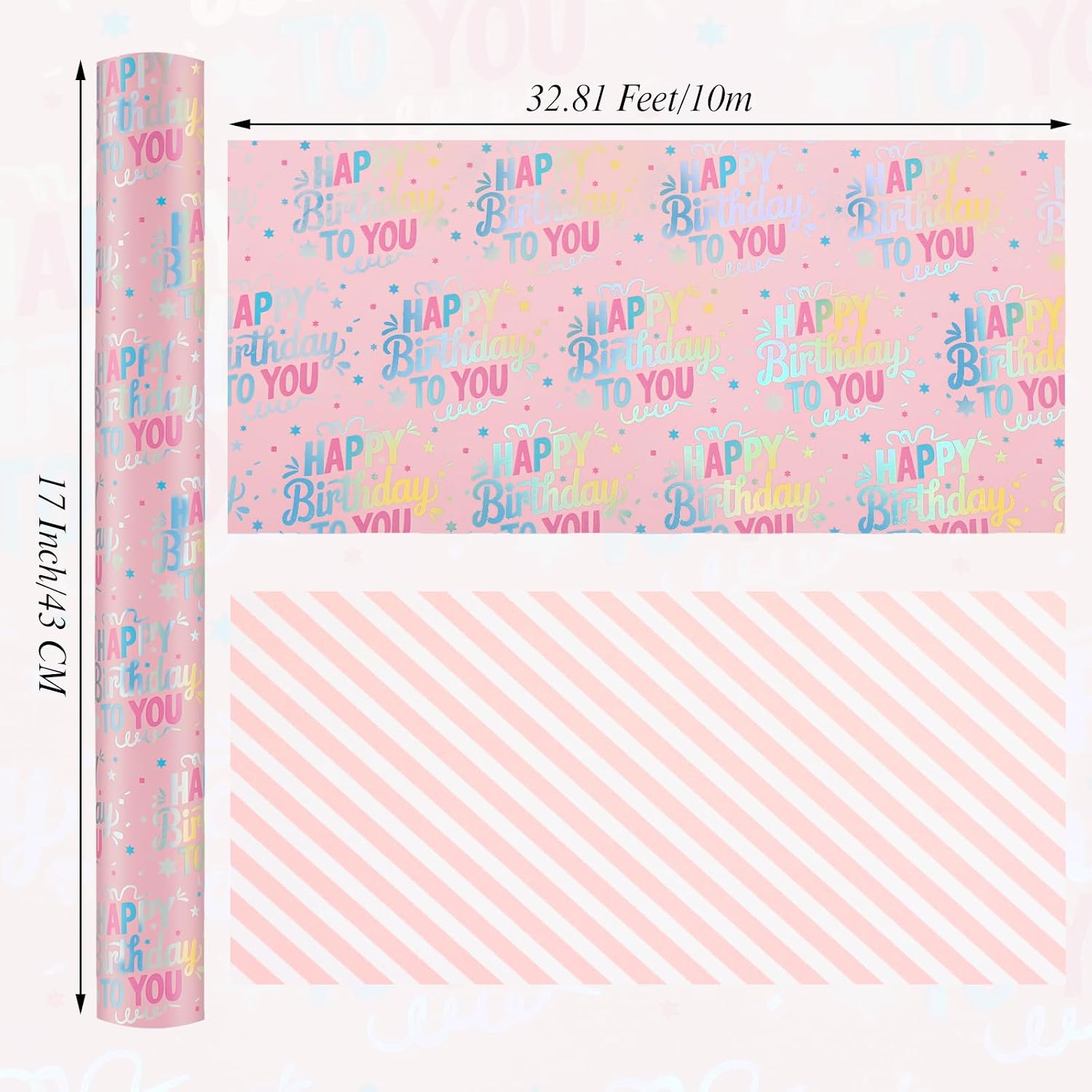 woric Birthday Wrapping Paper Girls 17 In x 33 Ft Striped Wrapping Paper image 2