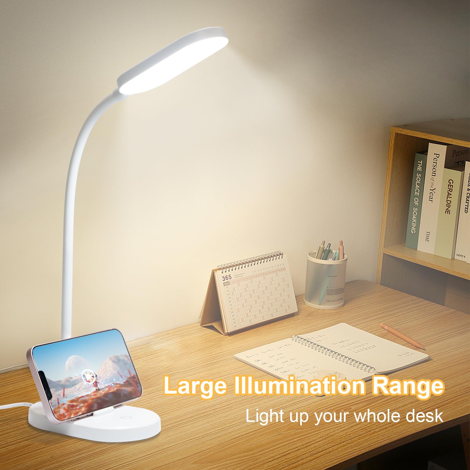 LQWELL® Lampa Biurkowa LED Lampa Studyjna Do Domowego Biura, 360° Elastyczna Gęsia Szyja, Sterowanie Dotykowe Lampa Stołowa Do Czytania Z Uchwytem Na Telefon (Biały)