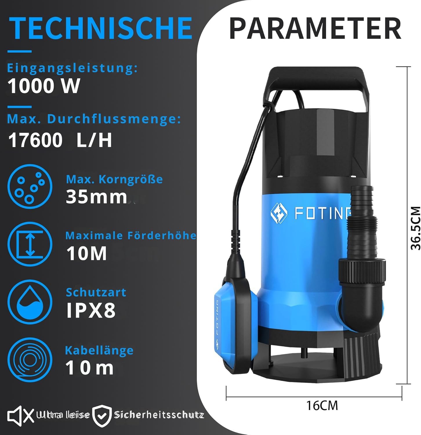FOTING Bomba de aguas sucias 1000W, capacidad de 17.600 l/h, Altura máxima de suministro 11 m, inmersión máx. 7 m, interruptor de flotador, cuerpos extraños hasta 35 mm, para uso intensivo y obras