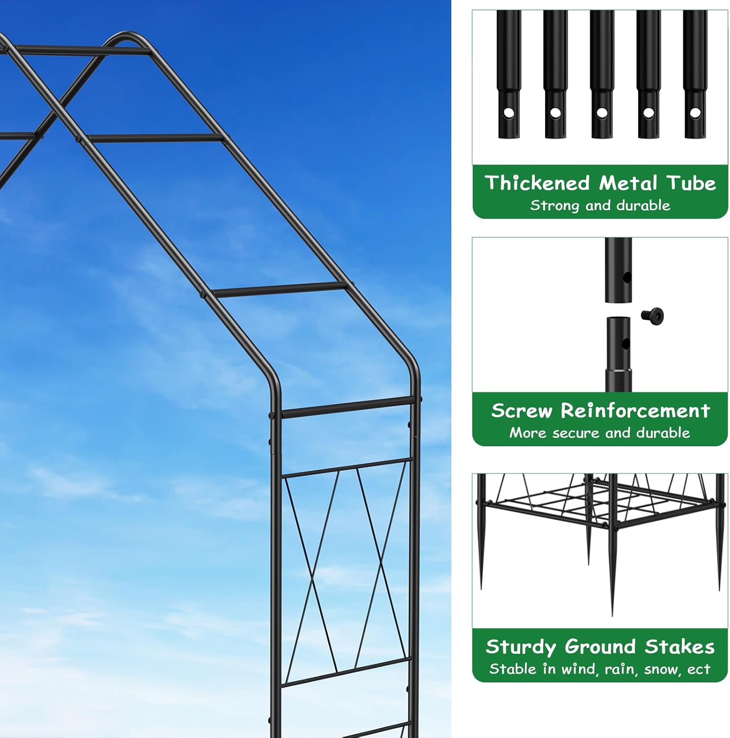 Vrisa Metal Garden Arch Trellis for Climbing Plants Outdoor 8.2 Ft Garden Arbor with Planter Boxes Wedding Arches for Ceremony Halloween Christmas Decoration Garden Archway for Party, Backyard, Lawn