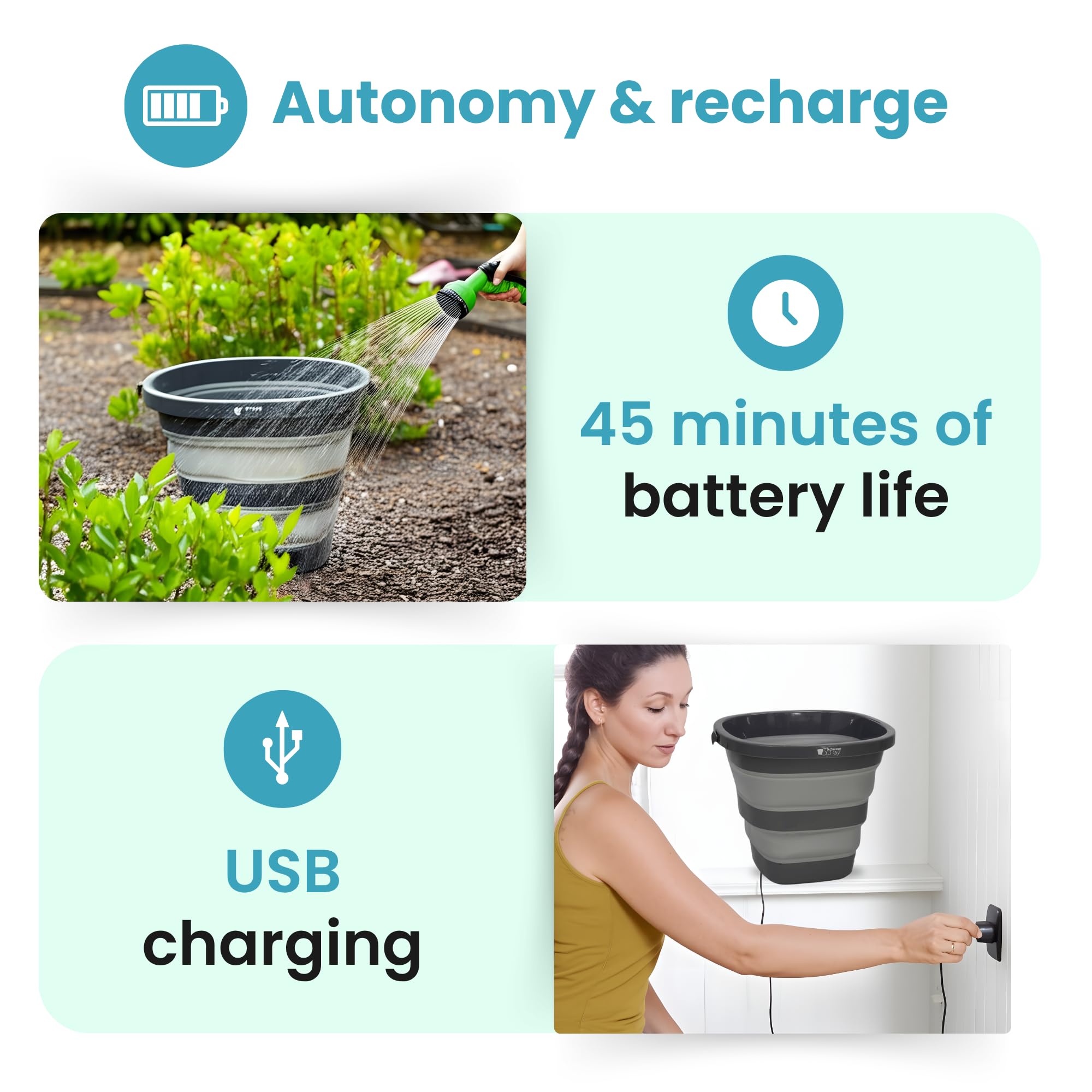 Pulvérisateur électrique 15 L - Seau pulvérisateur haute pression portable, pliable et rechargeable par USB pour voiture, camping, jardin, terrasse, chantier -