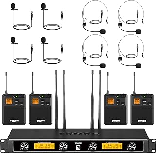 TONOR 4-Kanal UHF Mikrofon Kabellos Set mit 4 Bodypack Transmitter/Headset/Lavalier Wireless Microphone, 4x5 Frequenzen 90 m Reichweite Funkmikrofon für Gesang, Karaoke, PA System, Lautsprecher TW844