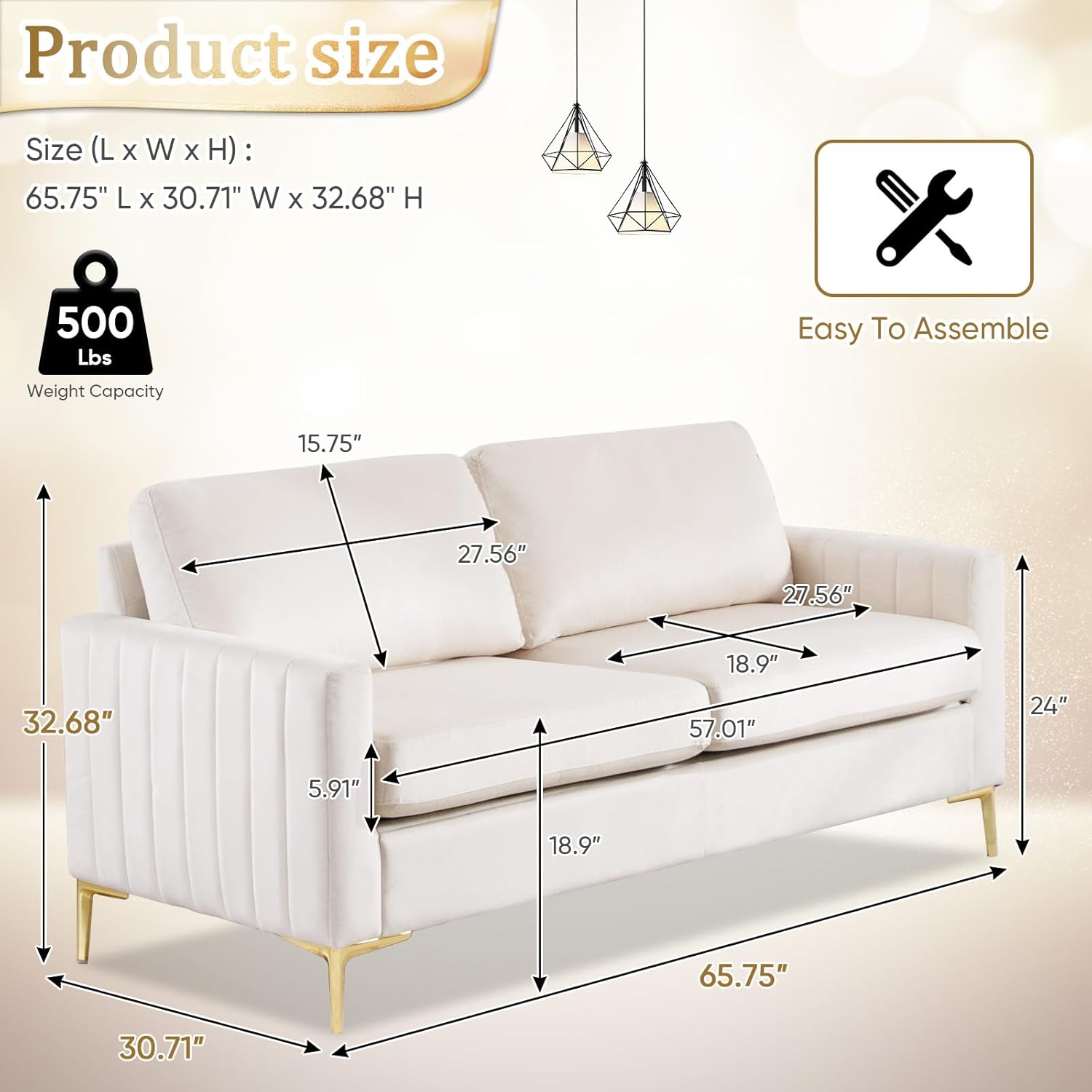 Deolme Small Couch for Bedroom, 65" Mid Century Modern Loveseat Sofa Love Seat Living Room Comfy Channel Tufted Velvet Upholstered 2 Seater Sectional Couches for Small Space Office Apartment (Beige)