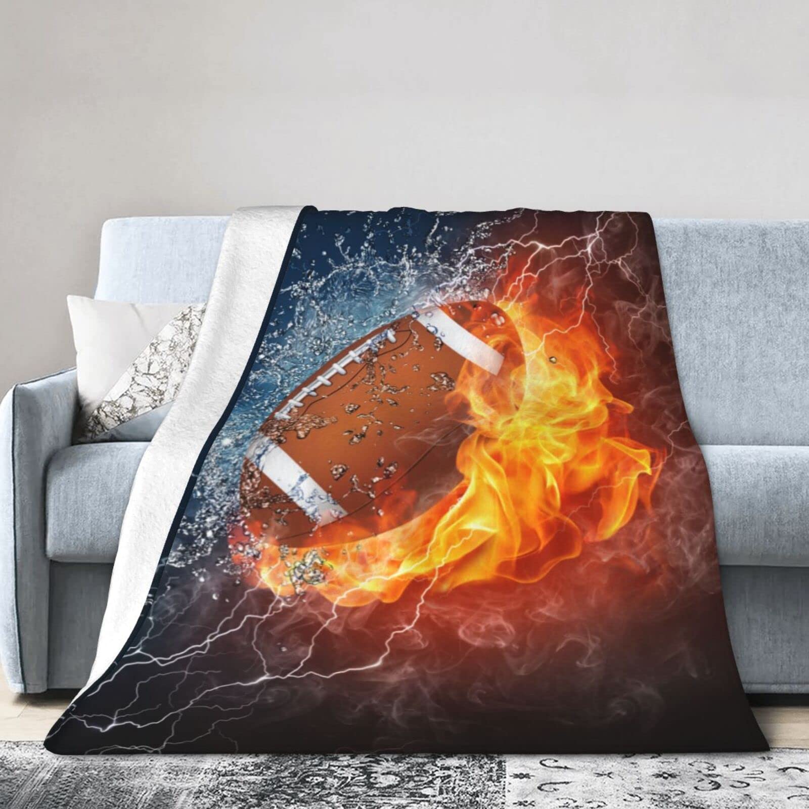 Perinsto American Football Ball in Fire and Water Throw Blanket Ultra Soft  Warm All Season Decorative Fleece Blankets for Bed Chair Car Sofa Couch