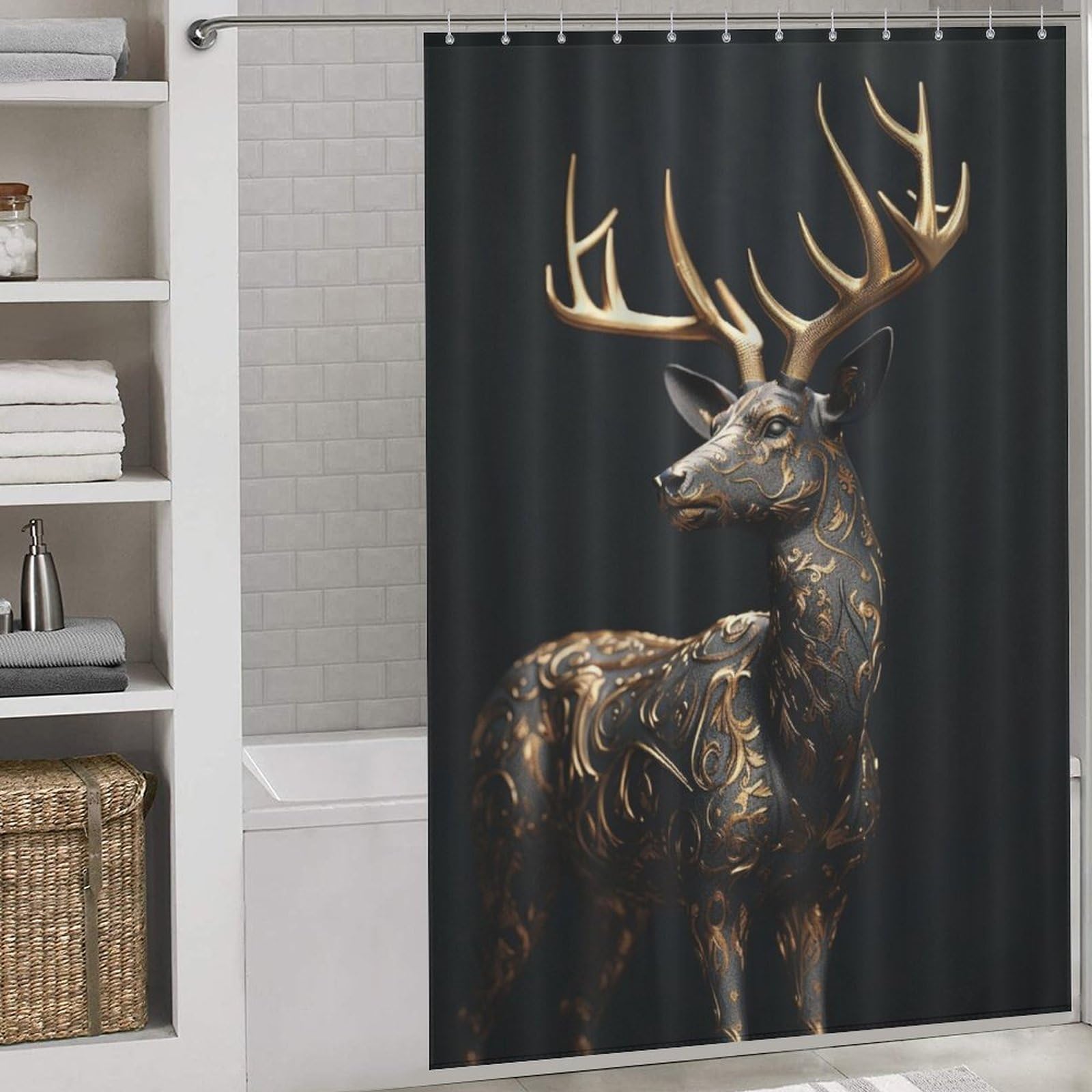 Rideau de douche anti moisissure cerf noir et or tissu séchage rapide