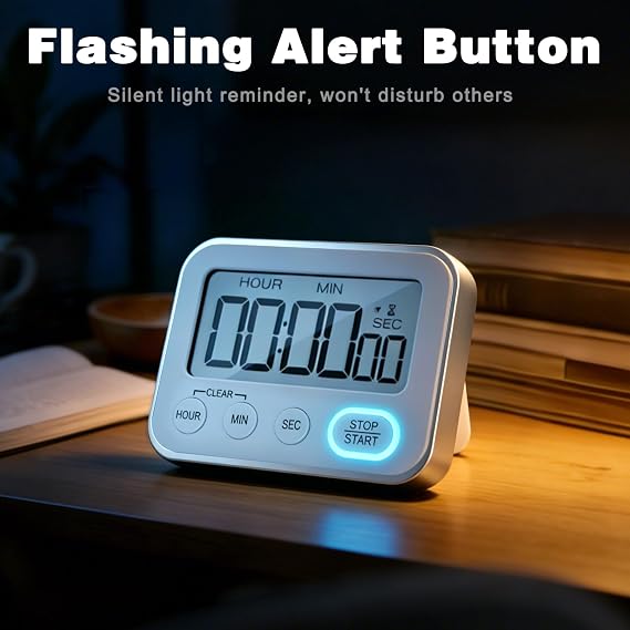 Digital Kitchen Timer Magnetic Loud Alarm, Large LCD Screen Silent/Beeping Multi-Function for Teachers Classroom Kids, Silver